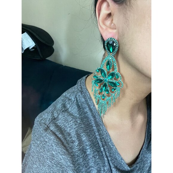 Big Green Crystal earrings large rhinestone emerald dark green pine green huge - Picture 4 of 6